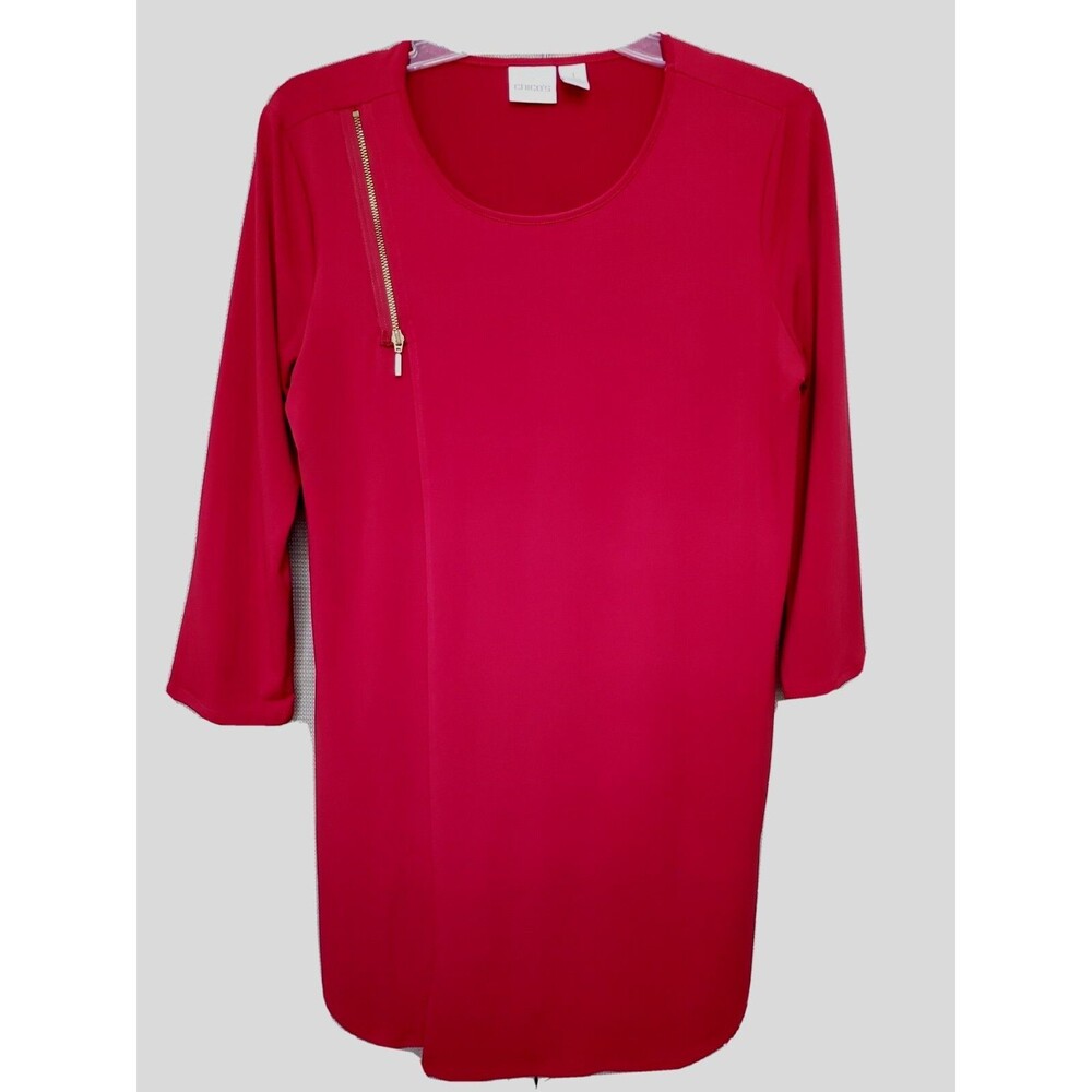 Chico’s Red Zipper Accent Crossover Tunic 3/4 Sleeve High Low Hem Size 1 Medium
